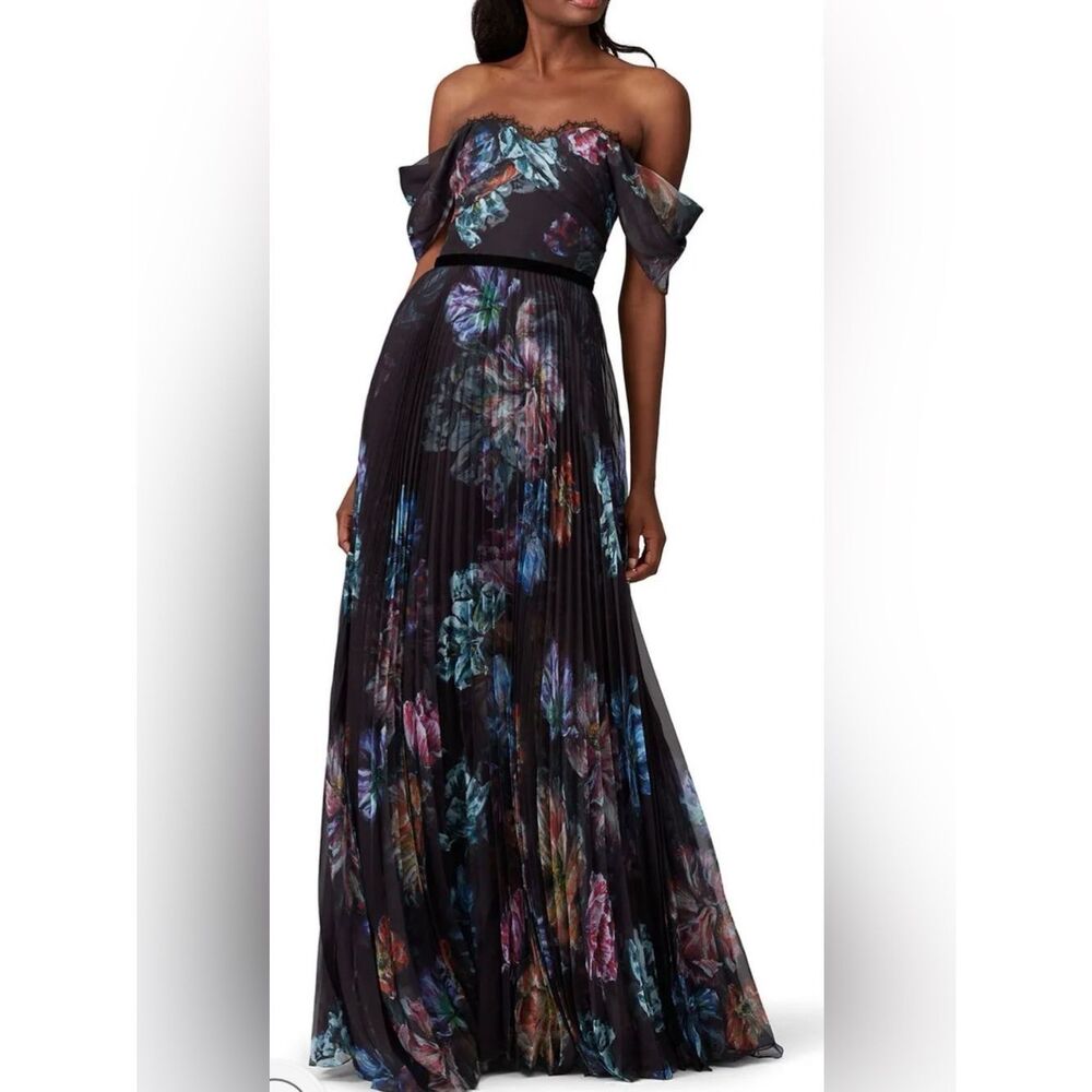 Marchesa Notte Black Floral Printed Gown Size 4